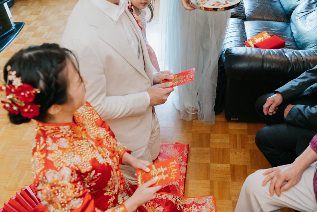 Bird view of the red envelope received during the tea ceremony at a chinese wedding 